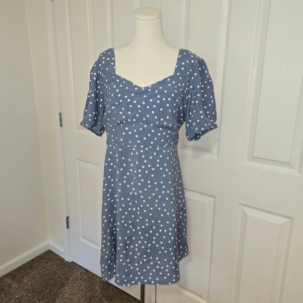 Skies Are Blue Dress Women XL Blue Polka Dot Puff Sleeve Smocked Mini Sweetheart